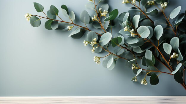 Eukalyptuslaubzweig mit grünen Blättern lag flach am Rand eines weißen, bläulichen Hintergrunds