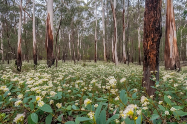 Eukalyptuswald mit blühenden Blumen im Hintergrund