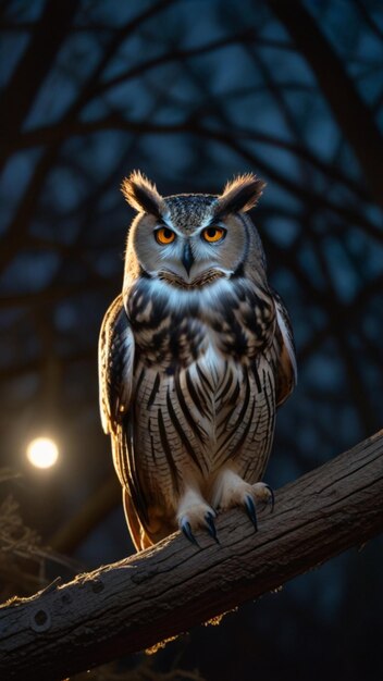 Foto eule sitzt auf einem baumzweig mit dem licht dahinter