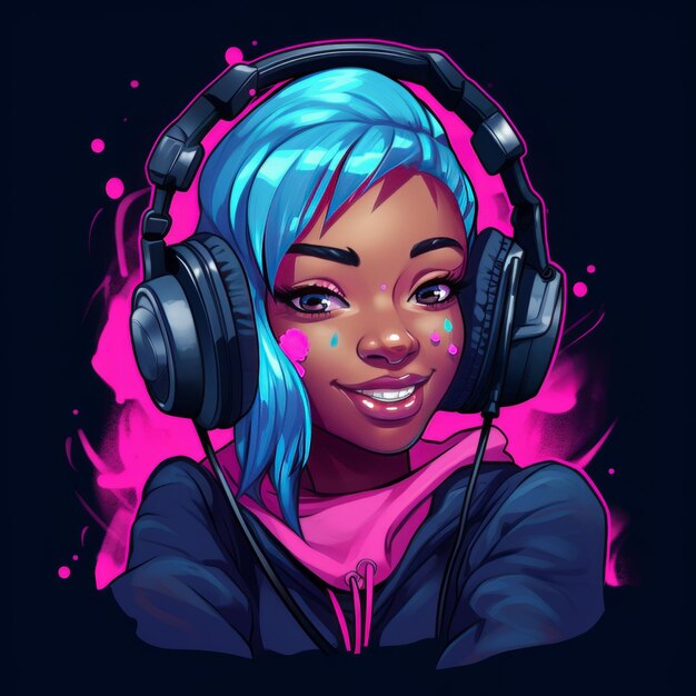 Foto euphoric beats un vibrante emoji inspirado en el anime de una alegre chica afrocéntrica con cabello azul y ga