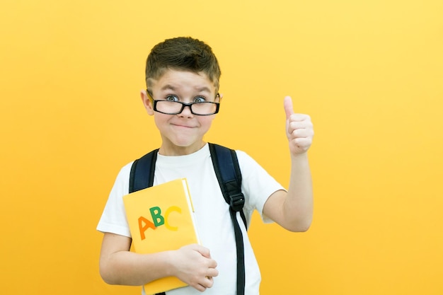 Eureka, garotinho bonito de óculos, está surpreso, inspirado, tenho uma ideia, levante seu dedo indicador para cima, espaço de cópia isolado em fundo amarelo, estudante