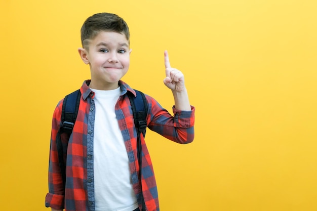 Eureka, un niño guapo con anteojos está sorprendido inspirado. Tengo una idea. Levanta el dedo índice hacia arriba. Copia el espacio aislado en un colegial de fondo amarillo.