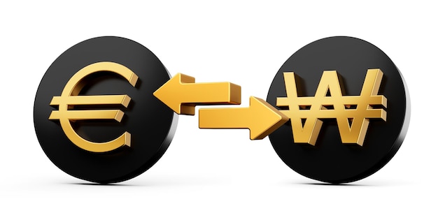 Euro dourado 3d e símbolo ganho em ícones pretos arredondados com ilustração 3d das setas da troca de dinheiro