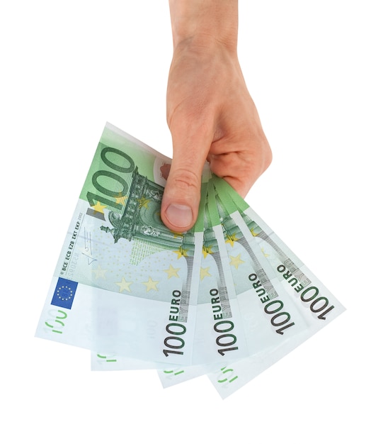 Euro-Geld in einer Hand lokalisiert auf Weiß