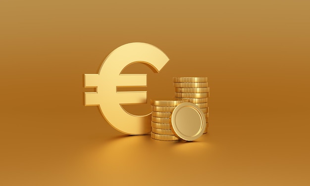 Euro-Geld-Symbol neben Stapel von Goldmünzen auf goldenem Hintergrund Geldwechsel 3D-Rendering