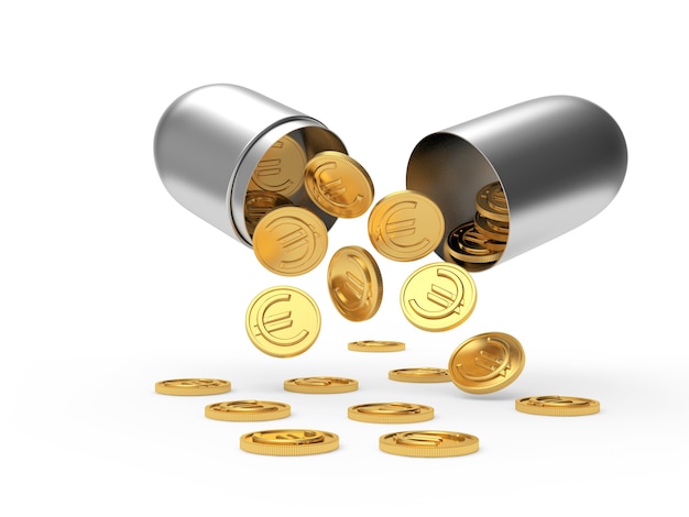 Euro-Münzen fallen aus einer offenen medizinischen Silberkapsel