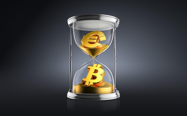 Euro- und Bitcoin-Währungssymbol in der Sanduhr 3D-Illustration