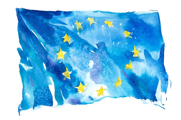 Europa, bandera de la Unión Europea. Ilustración acuarela dibujada a mano.