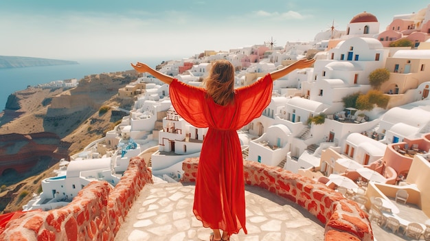 Europa viagem férias verão divertido mulher dançando em liberdade com os braços para cima feliz em Oia AI generativa