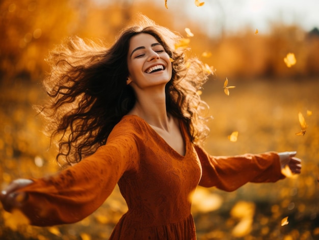 Europäische Frau in einer emotionalen, dynamischen Pose vor einem herbstlichen Hintergrund