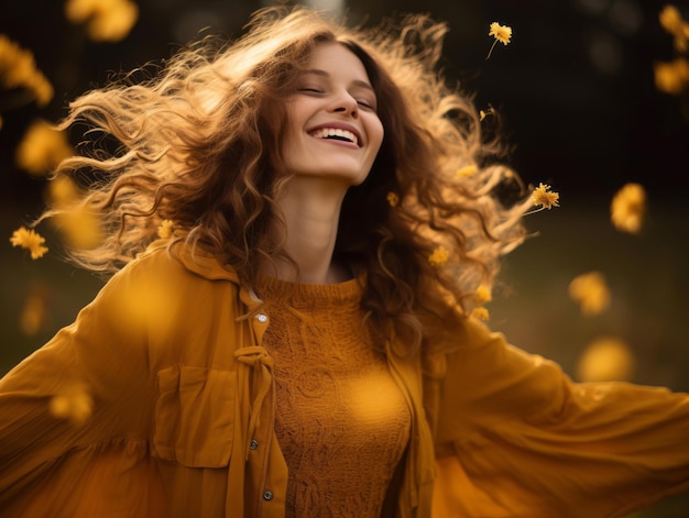 Europäische Frau in einer emotionalen, dynamischen Pose vor einem herbstlichen Hintergrund