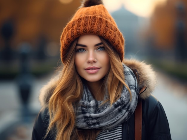 Europäische Frau in einer emotionalen, dynamischen Pose vor einem herbstlichen Hintergrund