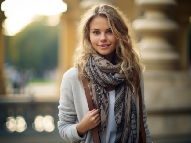 Europäische Frau in einer emotionalen, dynamischen Pose vor einem herbstlichen Hintergrund