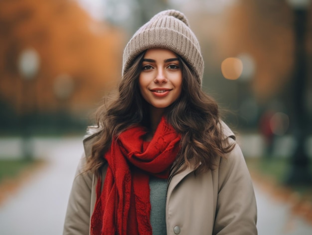 Europäische Frau in einer emotionalen, dynamischen Pose vor einem herbstlichen Hintergrund