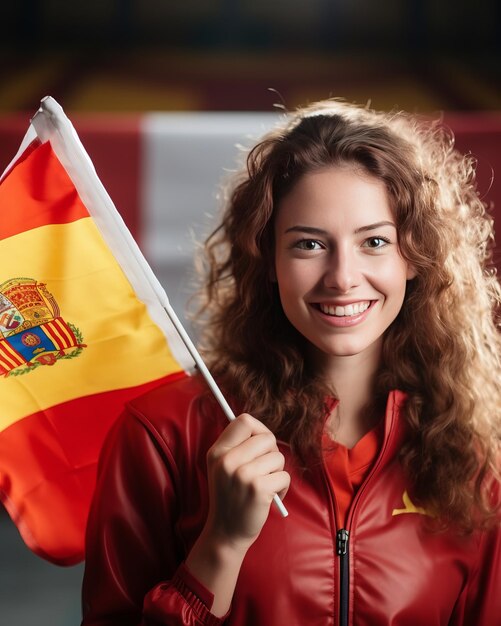 Foto europäische freude junge frau jubelt mit spanischer flagge