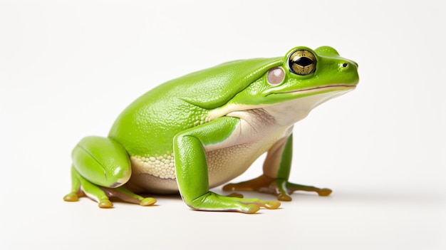 Europäischer grüner Laubfrosch sitzt isoliert auf weißem Hintergrund