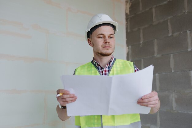 Europäischer männlicher Ingenieur mit weißem Helm und Warnweste auf der Baustelle, die das Studium der