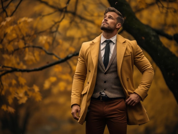 Europäischer Mann in einer emotionalen dynamischen Pose auf Herbst-Hintergrund