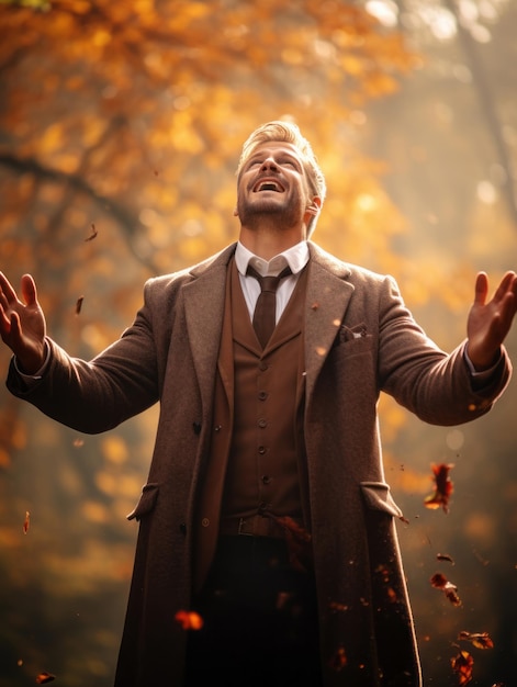 Europäischer Mann in einer emotionalen dynamischen Pose auf Herbst-Hintergrund