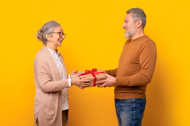 Europäischer reifer Mann gibt eine eingewickelte Geschenkkiste, um seine Frau zu gratulieren.