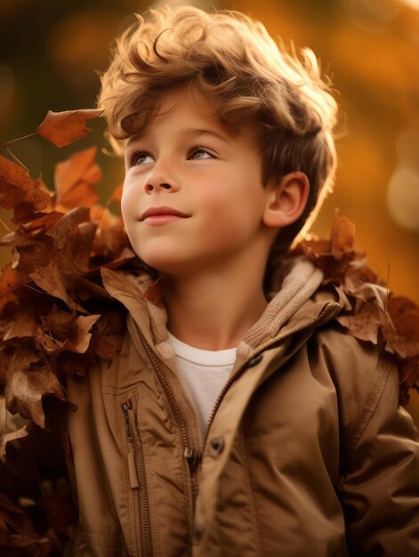 Foto europäisches kind in verspielter emotionaler dynamischer pose auf herbstlichem hintergrund