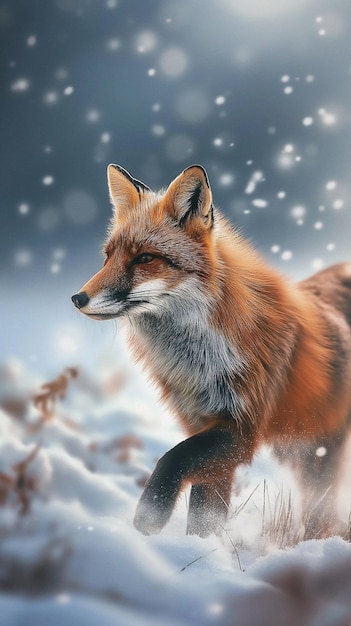 Foto european red fox vulpes vulpes correndo através de neve profunda e nuvens fox na natureza de inverno