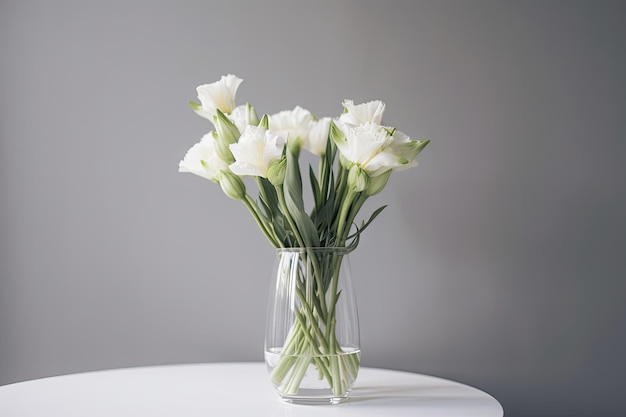 Eustoma bloom en jarrón de cristal de diseño sencillo y minimalista