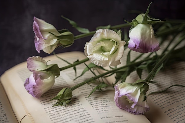 Eustoma blüht auf einer Vintage-Buchseite