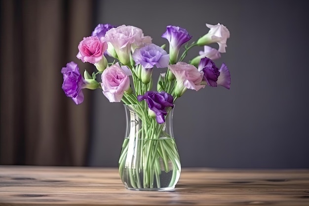 Eustoma blüht in einer Glasvase auf einem Holztisch