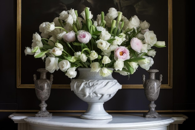 Eustoma blüht in einer klassischen Urne und verleiht jedem Raum Eleganz