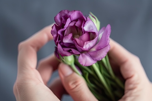 Eustoma-Blüte in der Hand einer Frau in Nahaufnahme