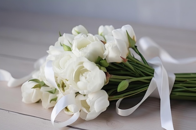 Eustoma-Blumenstrauß mit weißem Band und Schleife für die Hochzeit