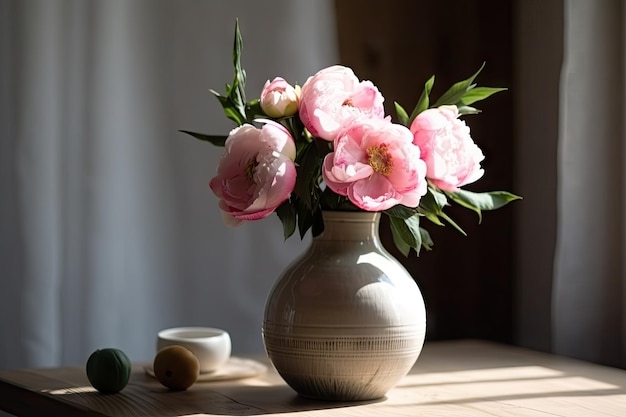 Eustoma e peônias rosa em vaso moderno na mesa de madeira