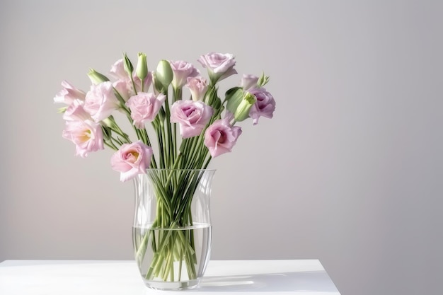 Eustoma em vaso transparente contra parede branca