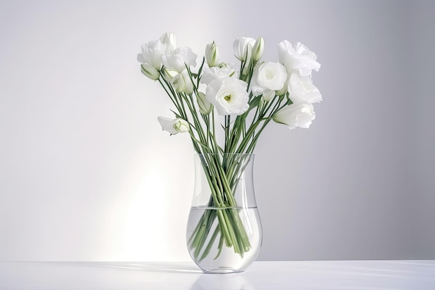 Eustoma em vaso transparente contra parede branca