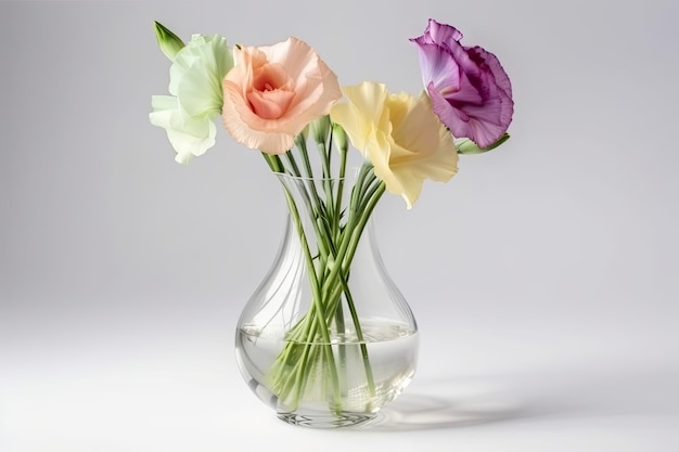 Eustoma flor en un jarrón de cristal delicado sobre fondo blanco.