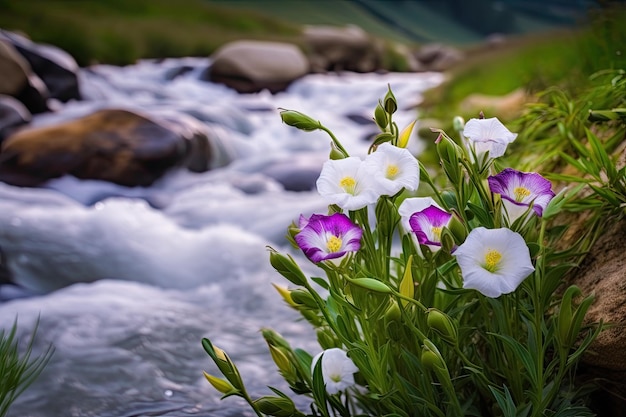 Eustoma florece a lo largo de un tranquilo arroyo de montaña