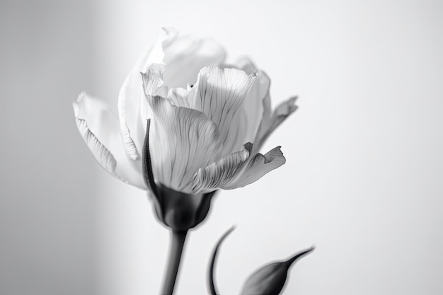 Eustoma florece sobre fondo blanco con líneas borrosas en blanco y negro