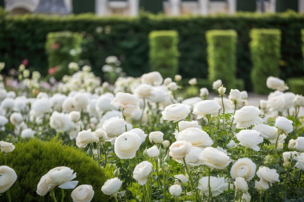 Eustoma floreciendo en un jardín atemporal lleno de rosas blancas