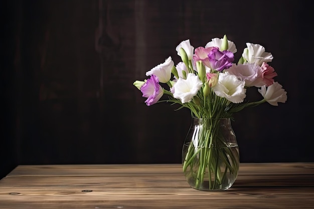Eustoma flores em vaso na mesa de madeira