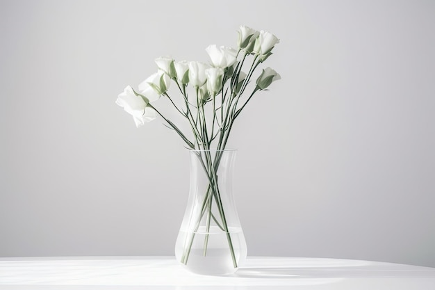 Eustoma in moderner minimalistischer Vase auf weißem Hintergrund