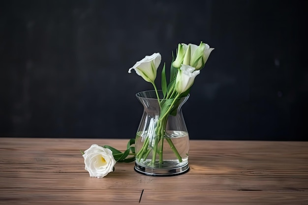 Eustoma en jarrón transparente sobre mesa de madera