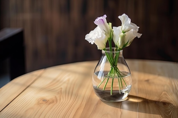 Eustoma en jarrón transparente sobre mesa de madera