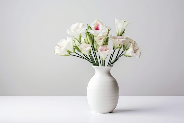 Eustoma no vaso minimalista moderno no fundo branco