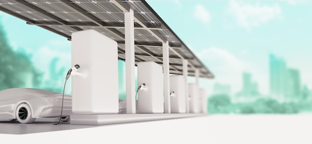 Foto ev car parking cobrando em uma estação de carregamento moderna com painéis solares e cidade verde em segundo plano