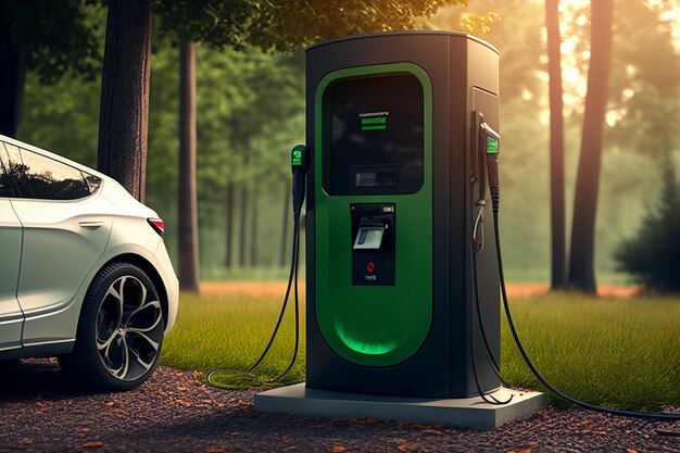 EV-Ladestation für Elektroautos im Konzept grüne Energie Erstellt mit generativer KI-Technologie