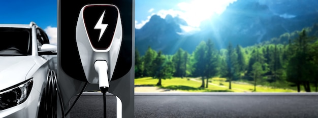 Foto ev-ladestation für elektroautos im konzept von grüner energie und ökostrom