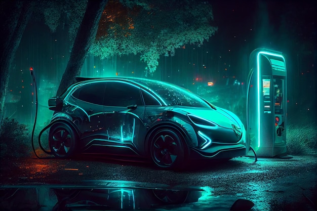 EV-Ladestation für Elektroautos in nebliger Nacht Generative KI