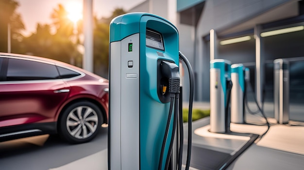 EV-Ladestation für Elektrofahrzeuge im Konzept der grünen Energie und des aus nachhaltigen Quellen erzeugten Ökostroms