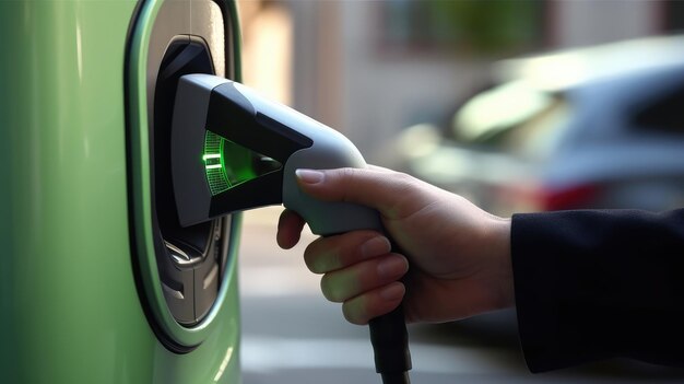 Foto ev-ladestation für elektrofahrzeuge im konzept der grünen energie und öko-energie co2-emissionssenkung